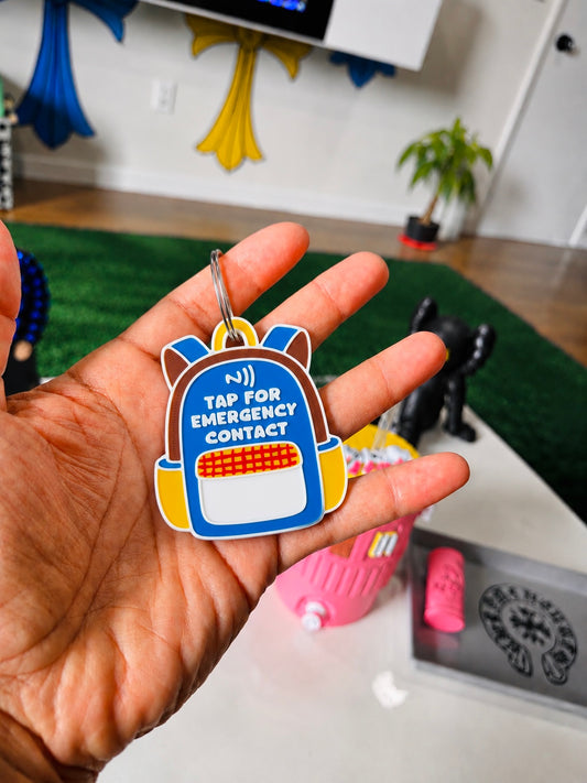 2-in-1 Kids Emergency NFC + AirTag Backpack Tag Emergency Contact • Hidden AirTag Holder • Backpack Keychain