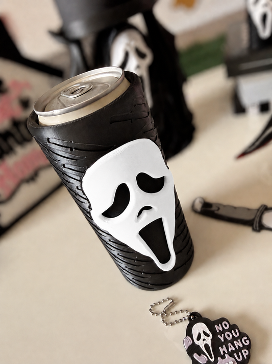 GhostFace 12 oz slim can koozie angled view with softly blurred background