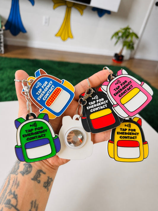 2-in-1 Kids Emergency NFC + AirTag Backpack Tag Emergency Contact • Hidden AirTag Holder • Backpack Keychain