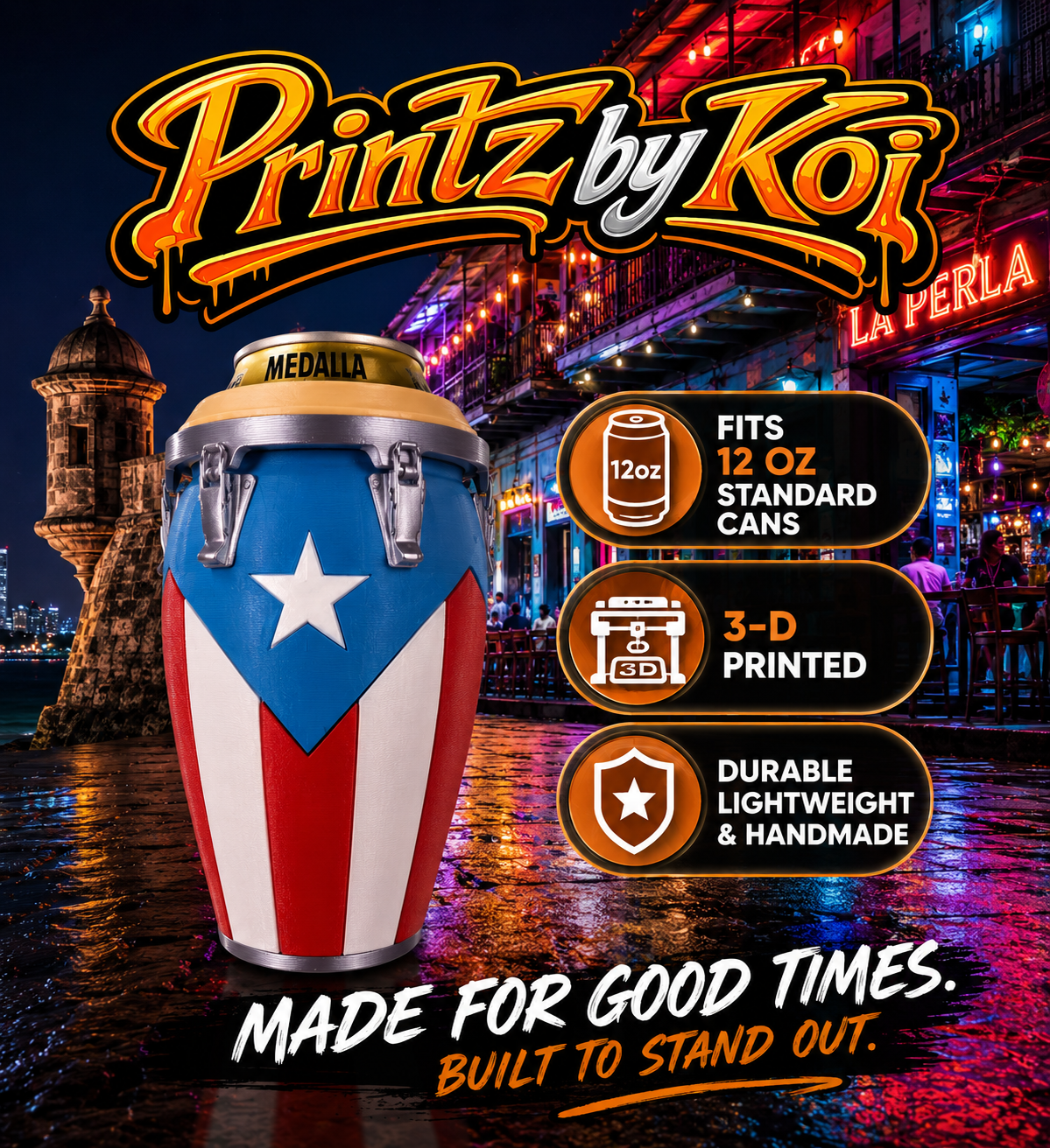 Puerto Rico Conga inspired Koozie standard 12oz can holder -3D Printed-