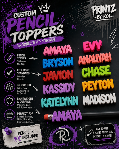 ✨ Personalized 3D Printed Pencil Name Topper (5-pack) – Custom Kids School Pencil Accessory