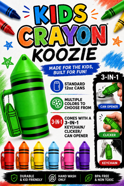 Kids Crayon Koozie + 3-in-1 Keychain | Standard 12oz Cans