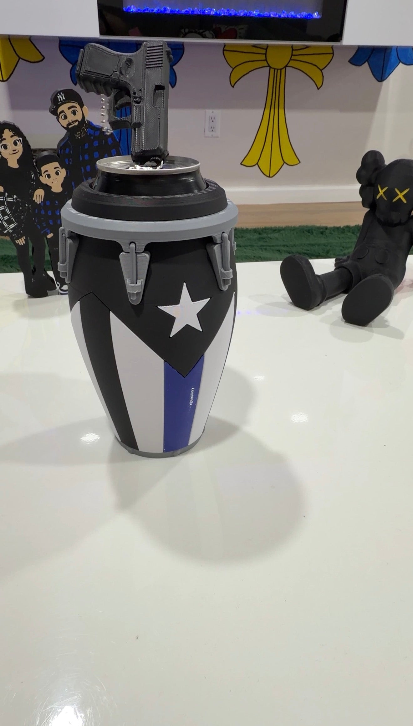 Puerto Rican Thin Blue Line Conga inspired Koozie standard 12oz can holder & Glock 19 Can Opener Set 🇵🇷🚔💙 -3D Printed-