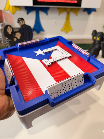 Close-up view of Puerto Rico mini domino set and custom tiles