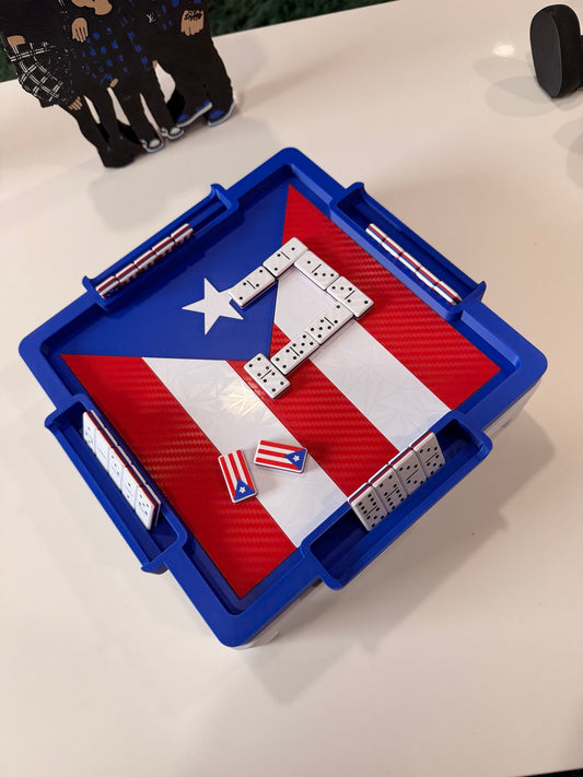 Puerto Rico mini domino set shown from above with custom dominoes
