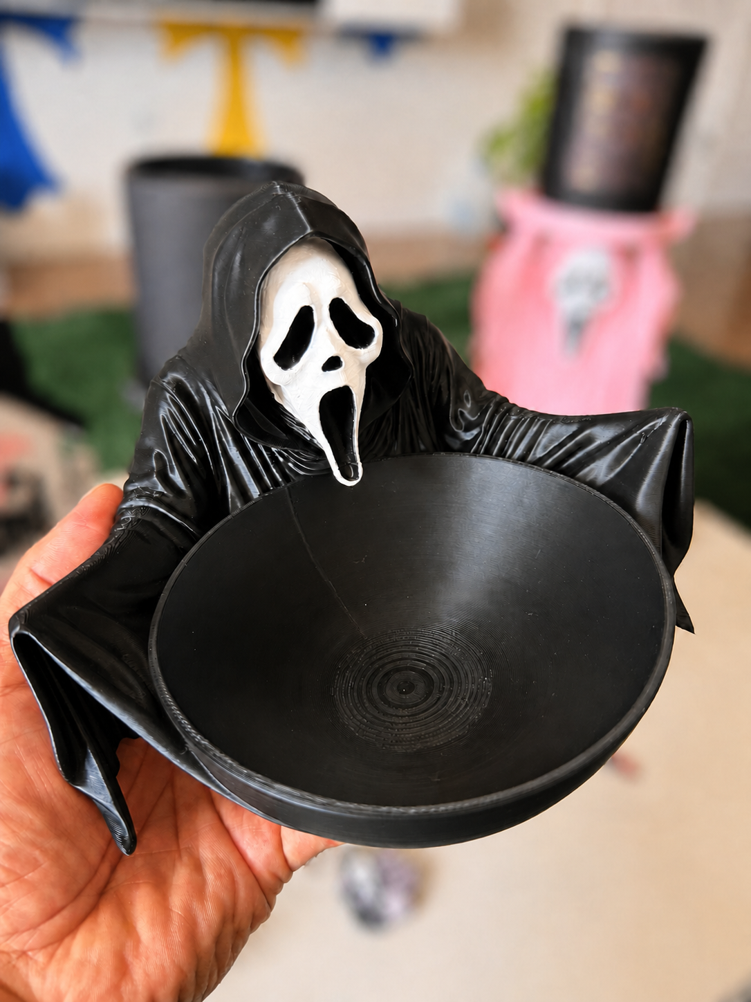 GhostFace decorative bowl with bright white mask and softly blurred background