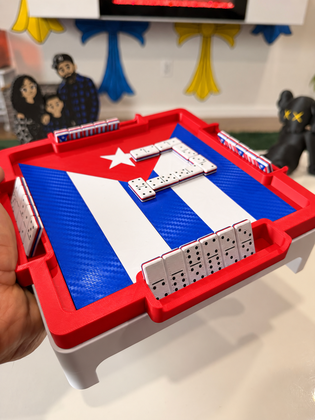 Close-up of Cuban mini domino table and custom dominoes