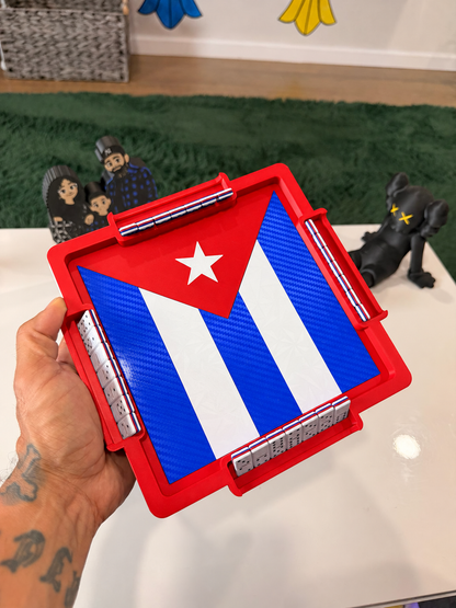 Handheld Cuban mini domino table showing compact size