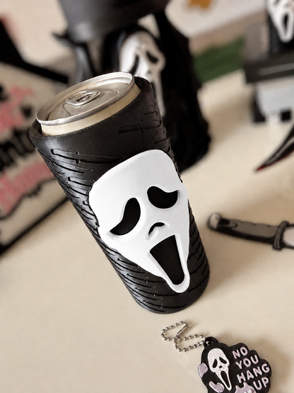GhostFace 12 oz slim can koozie angled view with softly blurred background