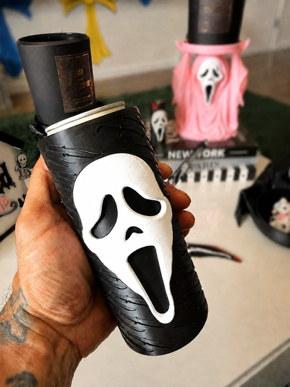 GhostFace 12 oz slim can koozie with bright white mask and softly blurred background
